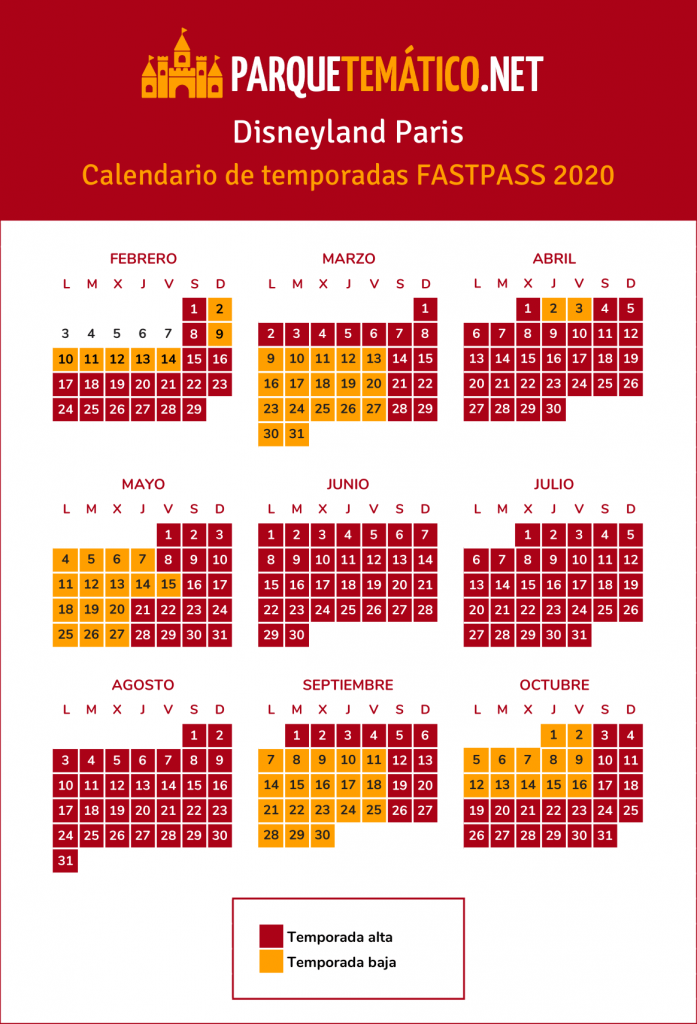 Calendario FASTPASS de pago Disneyland Paris 2020