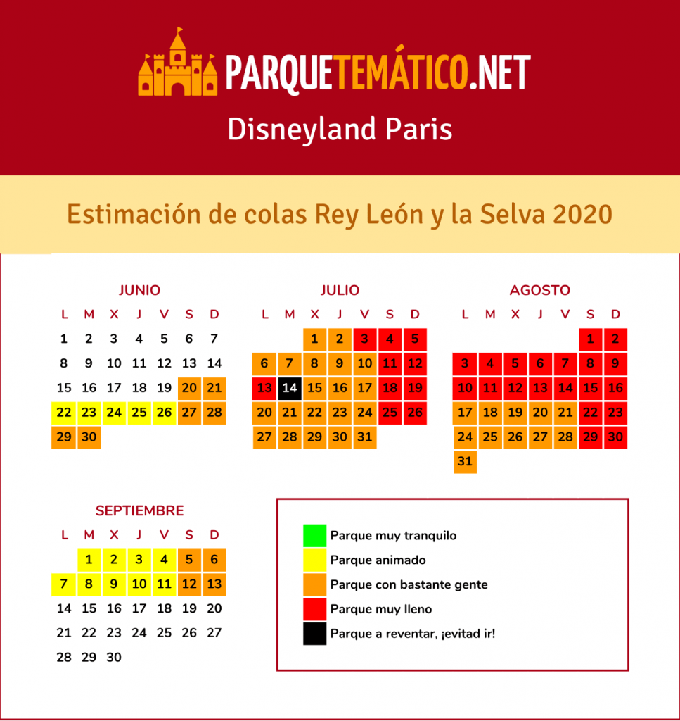 Calendario de Afluencia Temporada del Rey León y de la Selva Disneyland Paris 2020