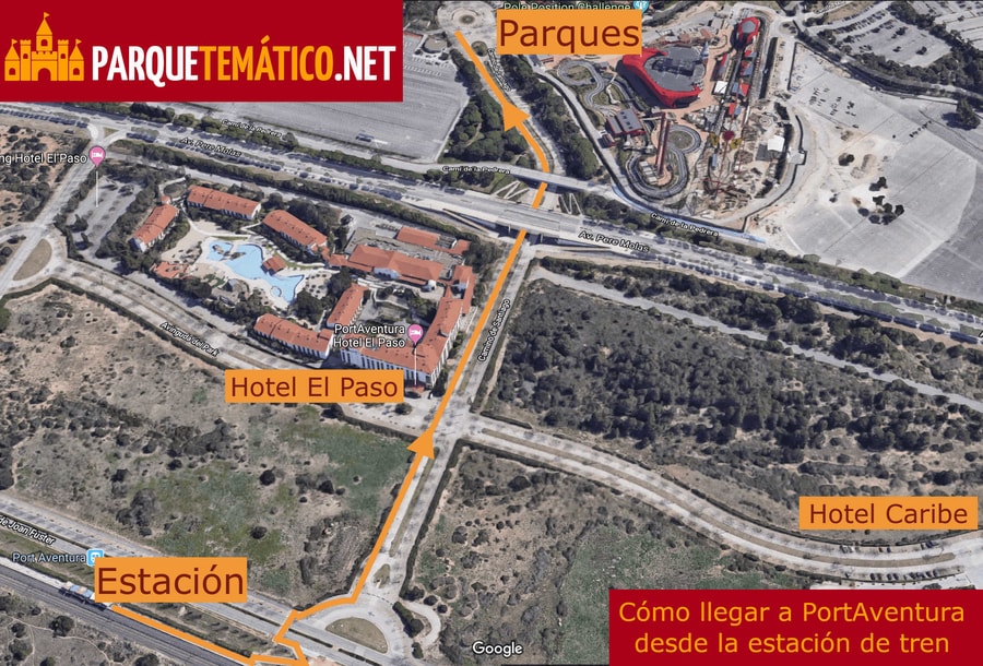 Mapa mostrando la ruta a recorrer para llegar desde la estación de tren de PortAventura hasta los parques y los hoteles