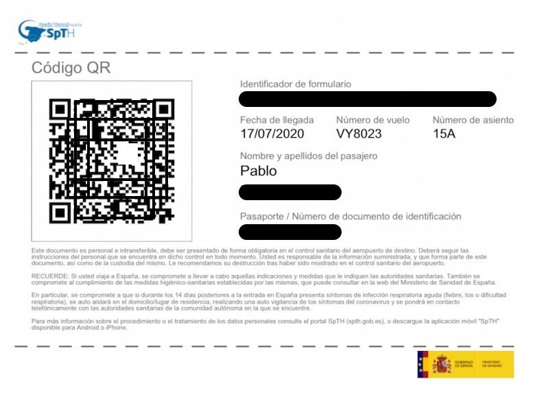 Código QR recibido tras rellenar la info de viajero para entrar en España en 2020