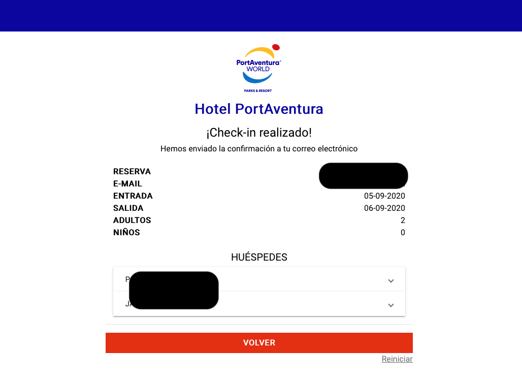 Checkin online en hoteles de PortAventura - pantalla de confirmación