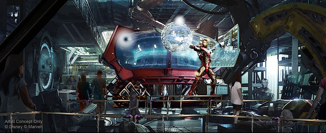 Diseño de las colas de la atracción de Iron Man en Avengers Campus de Disneyland Paris