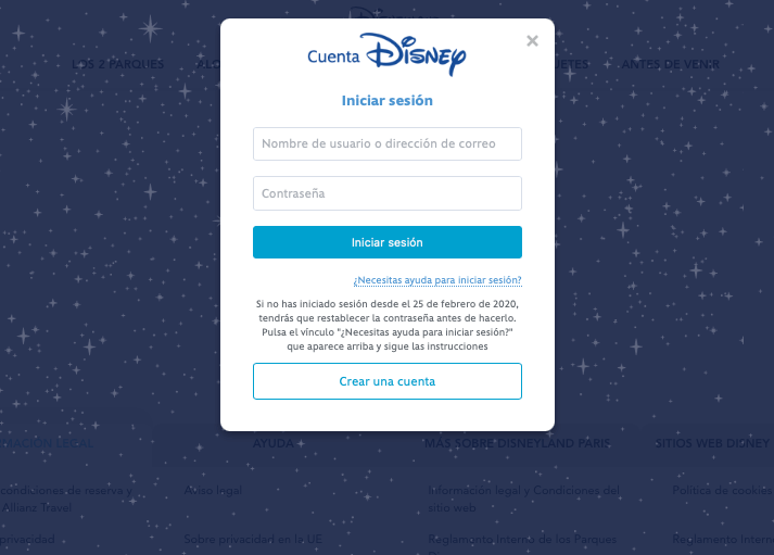 Pantalla de acceso a la Cuenta Disney