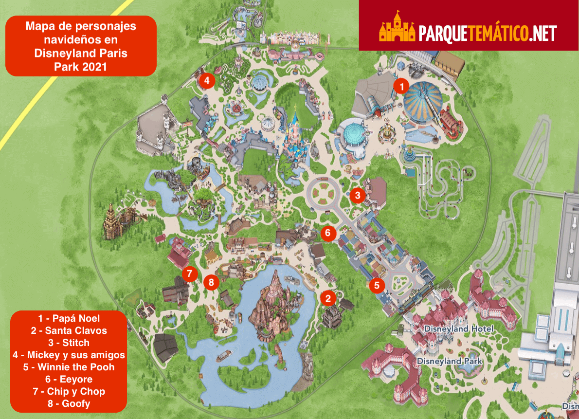 Mapa de personajes Navidad 2021 en Disneyland Park