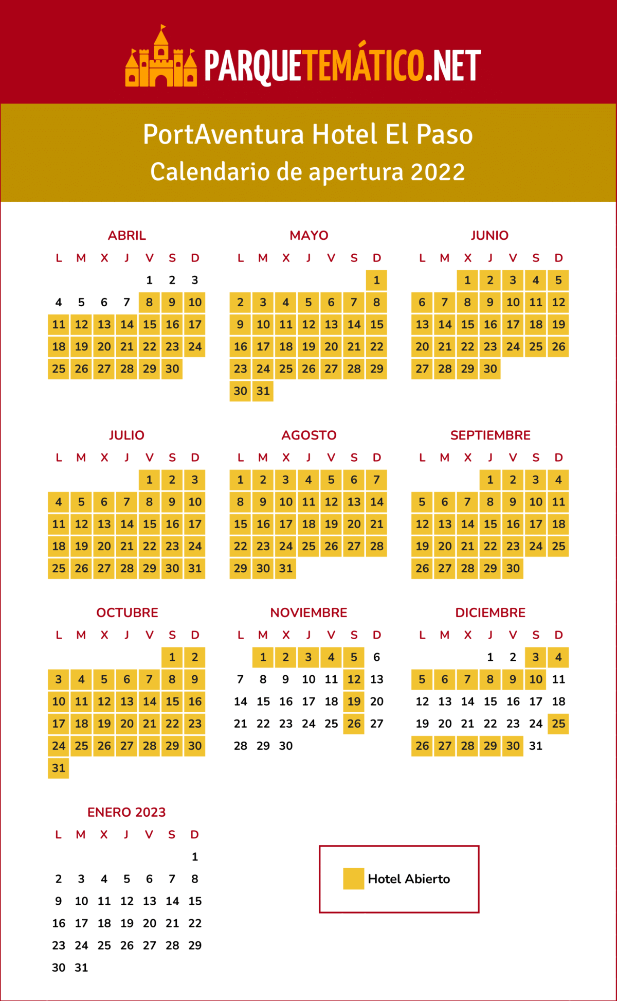Calendario de apertura 2022 del hotel El Paso en PortAventura World
