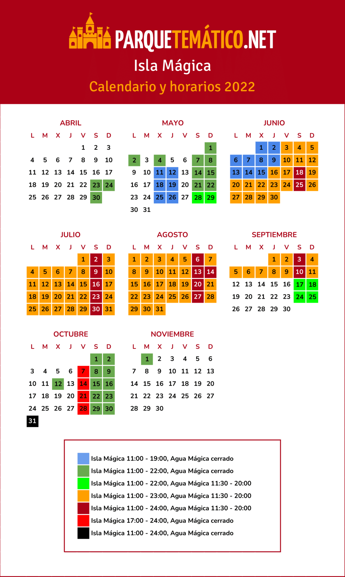 Calendario y horarios Isla Mágica Sevilla 2022