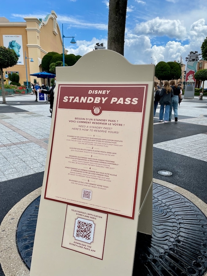 Cartel de Standby Pass en Walt Disney Studios de Disneyland Paris