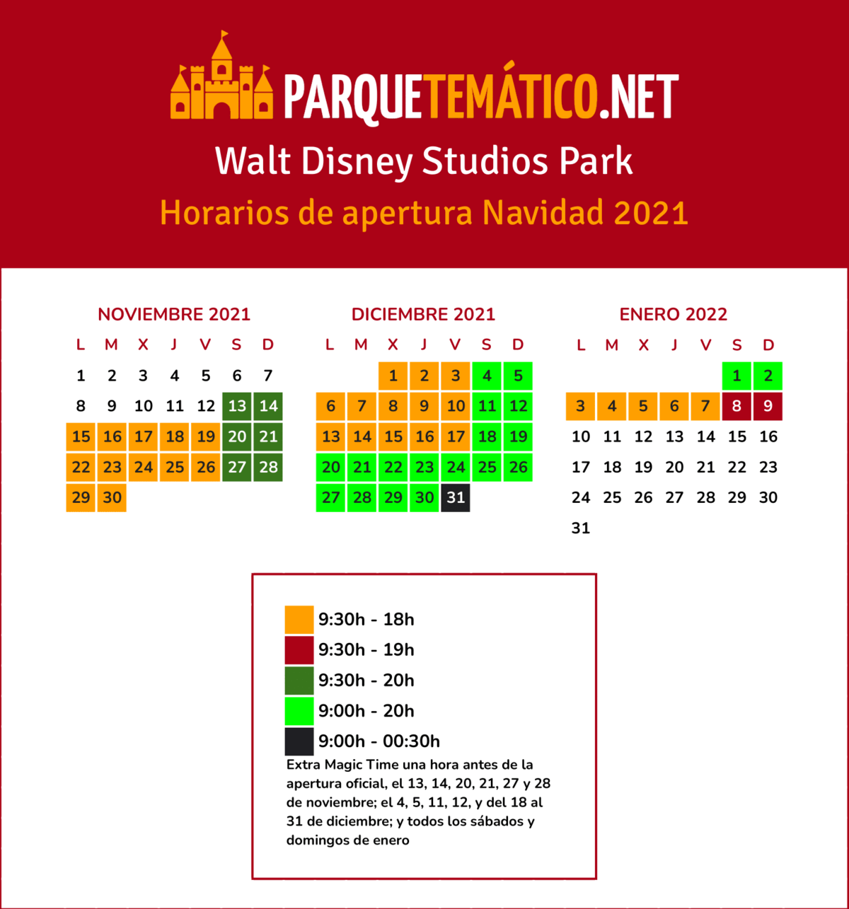 Calendario y horarios Navidad Disneyland Paris Walt Disney Studios Park 2021