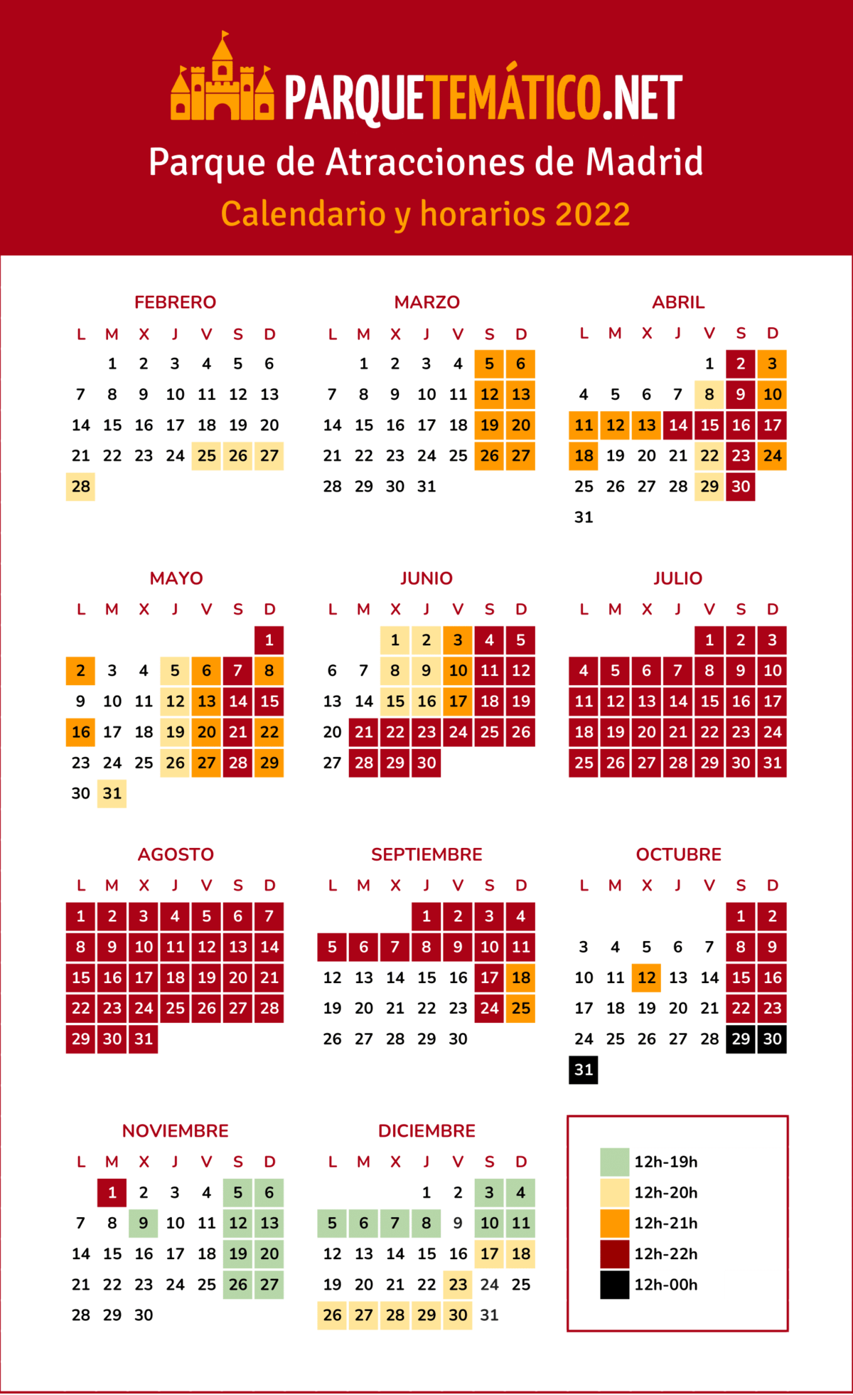 Calendario y horarios de apertura Parque de Atracciones de Madrid 2022