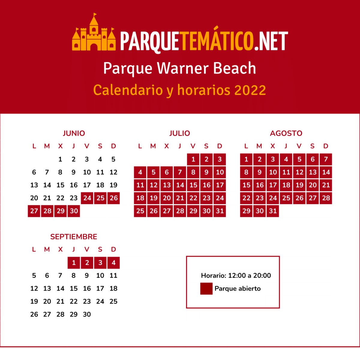 Calendario y Horarios Parque Warner Beach 2022