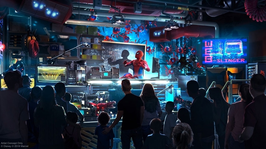 Diseño del interior de atracción de Spider-Man en Avengers Campus