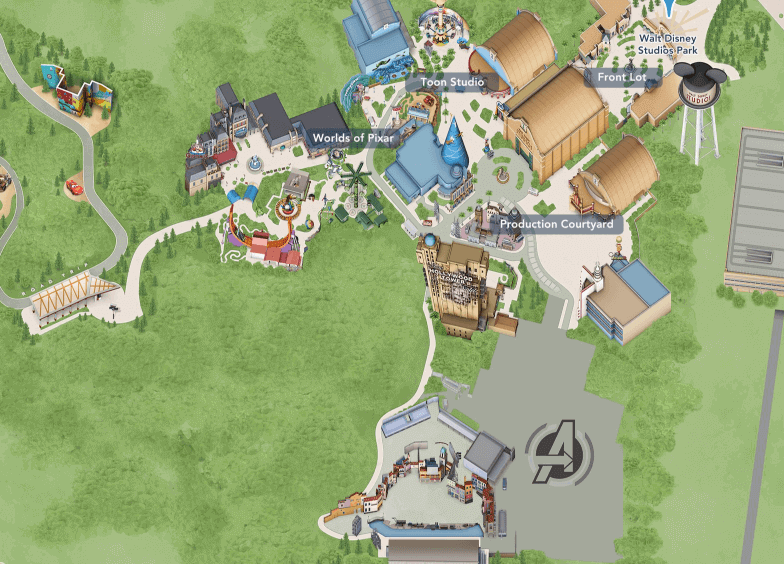 Mapa de Walt Disney Studios Park con la futura zona de Avengers Campus