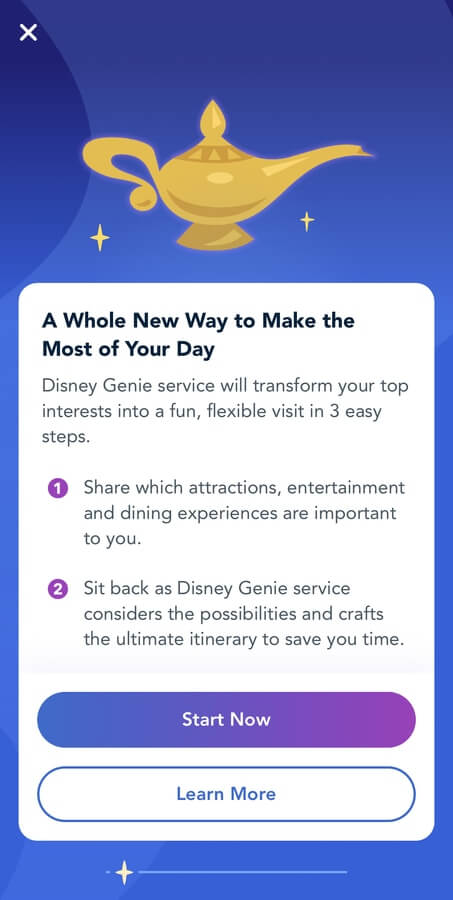 Pantalla de Genie+ en la app de Disneyland Resort California