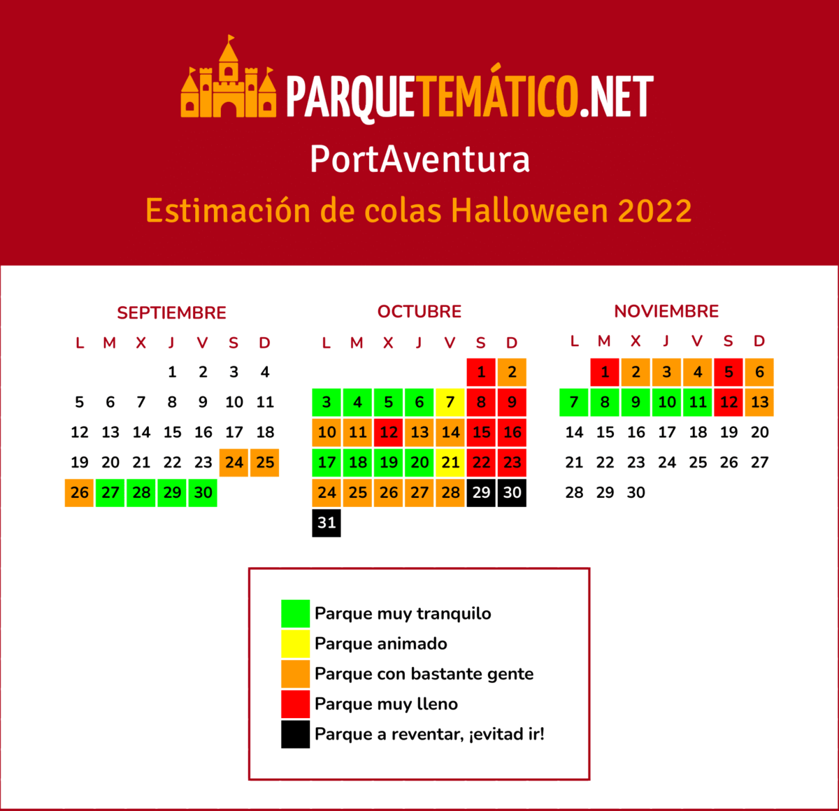 Calendario de afluencia Halloween PortAventura 2022 v3