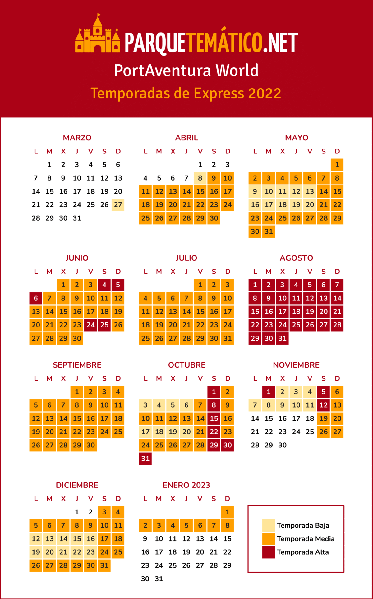 Calendario temporadas Express PortAventura 2022 v2