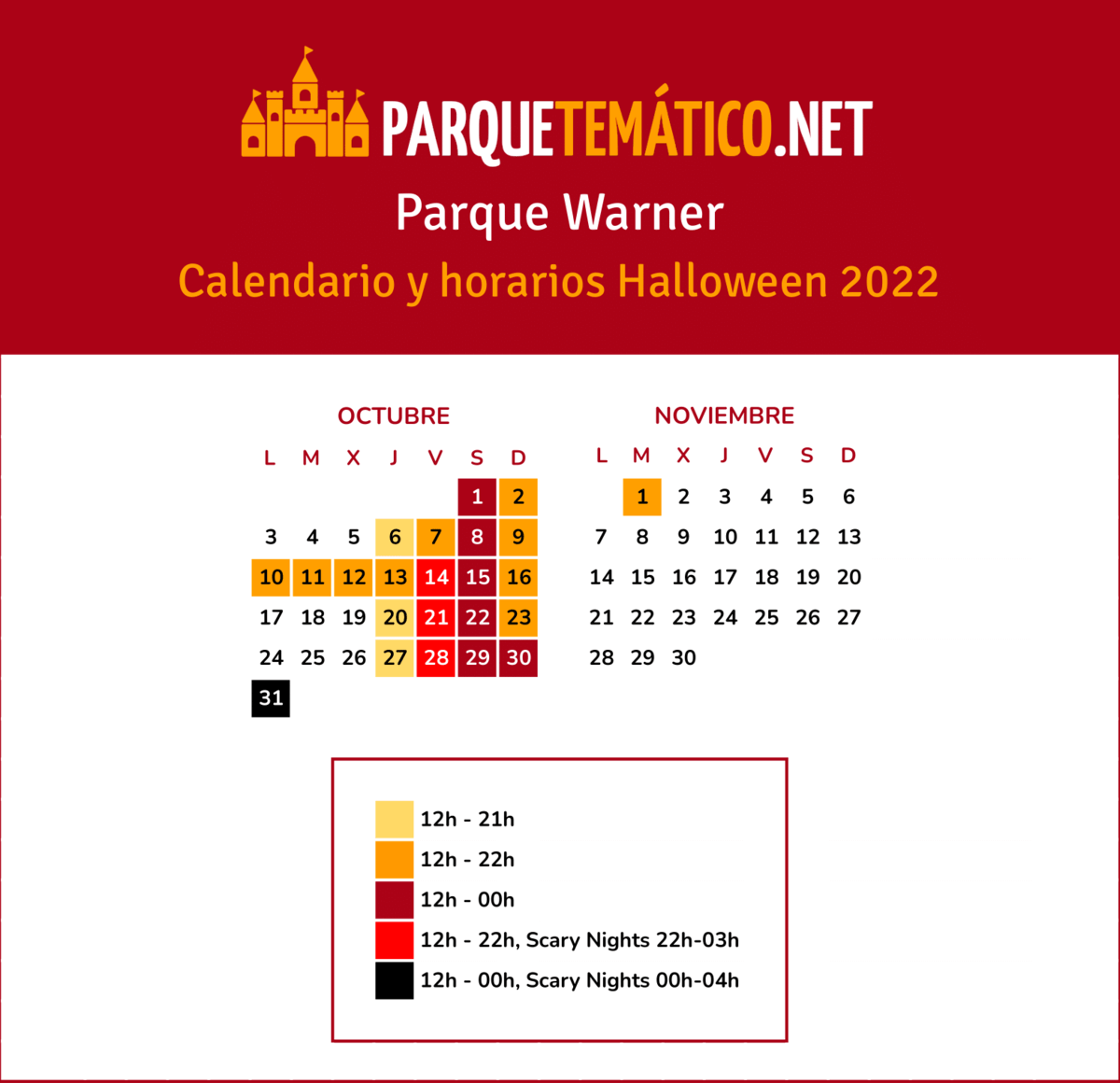 Calendario y Horarios de Halloween 2022 en Parque Warner