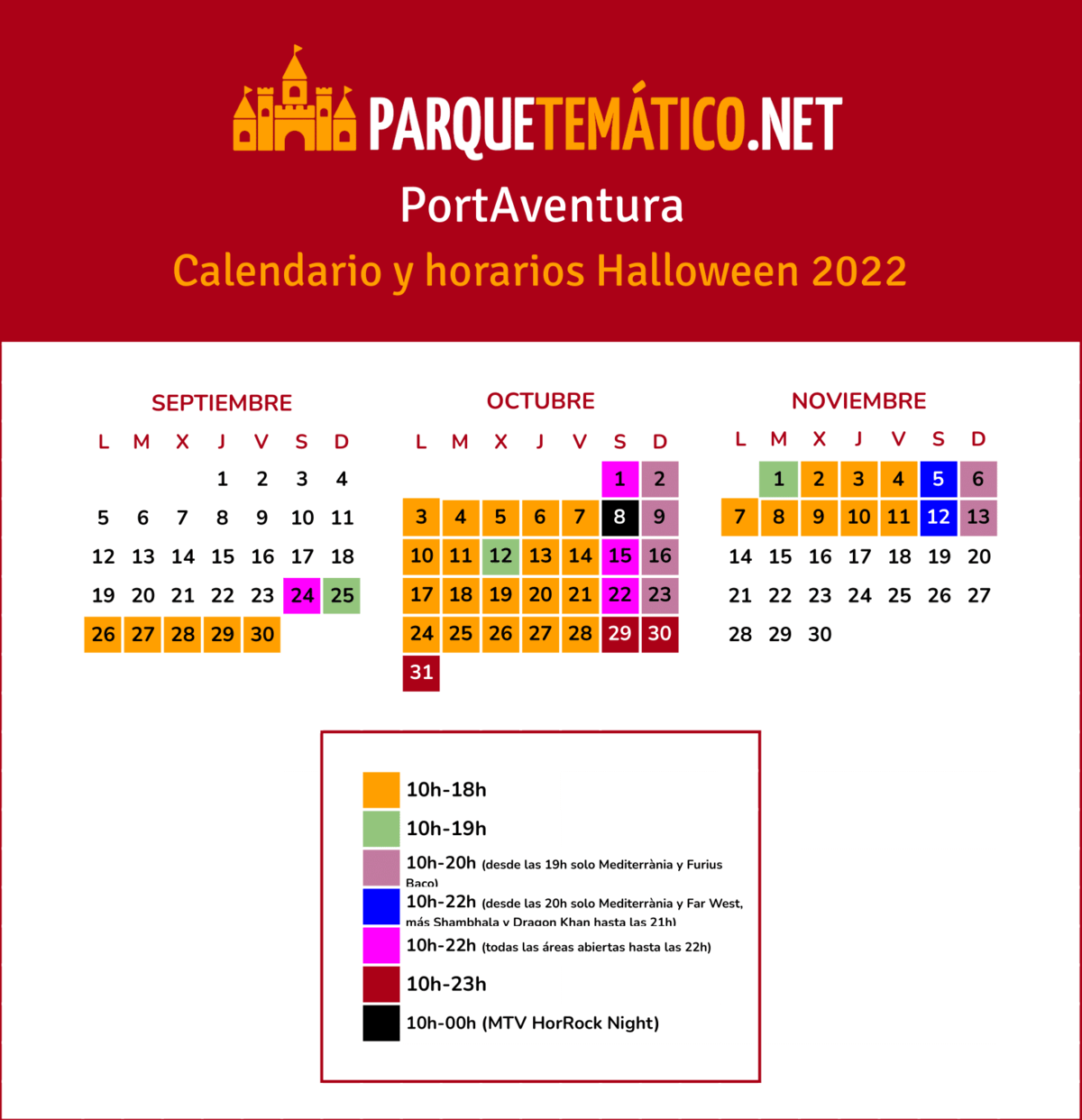 Calendario y horarios de apertura Halloween PortAventura 2022 v3