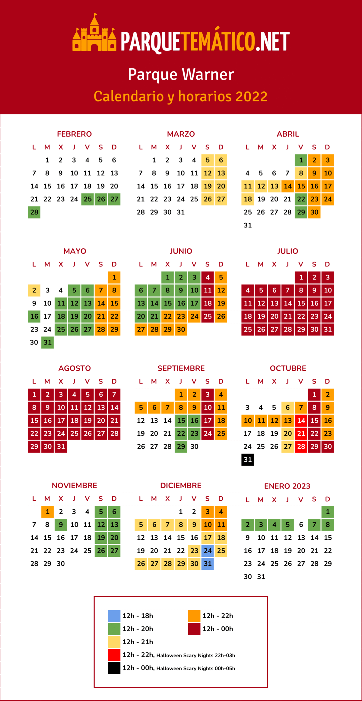 Calendario y Horarios Parque Warner 2022