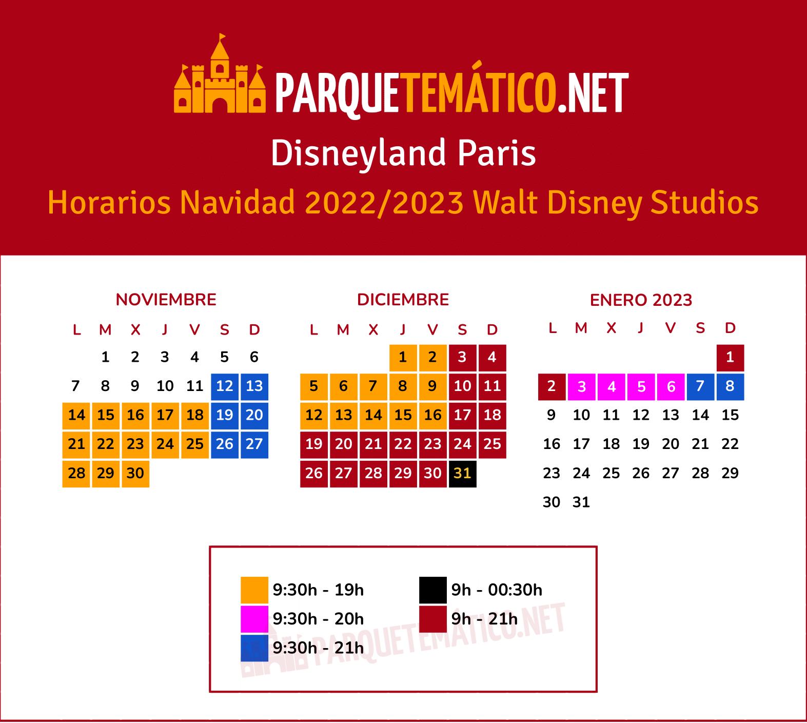 Calendario y Horarios Navidad Disneyland Paris Walt Disney Studios Park 2022