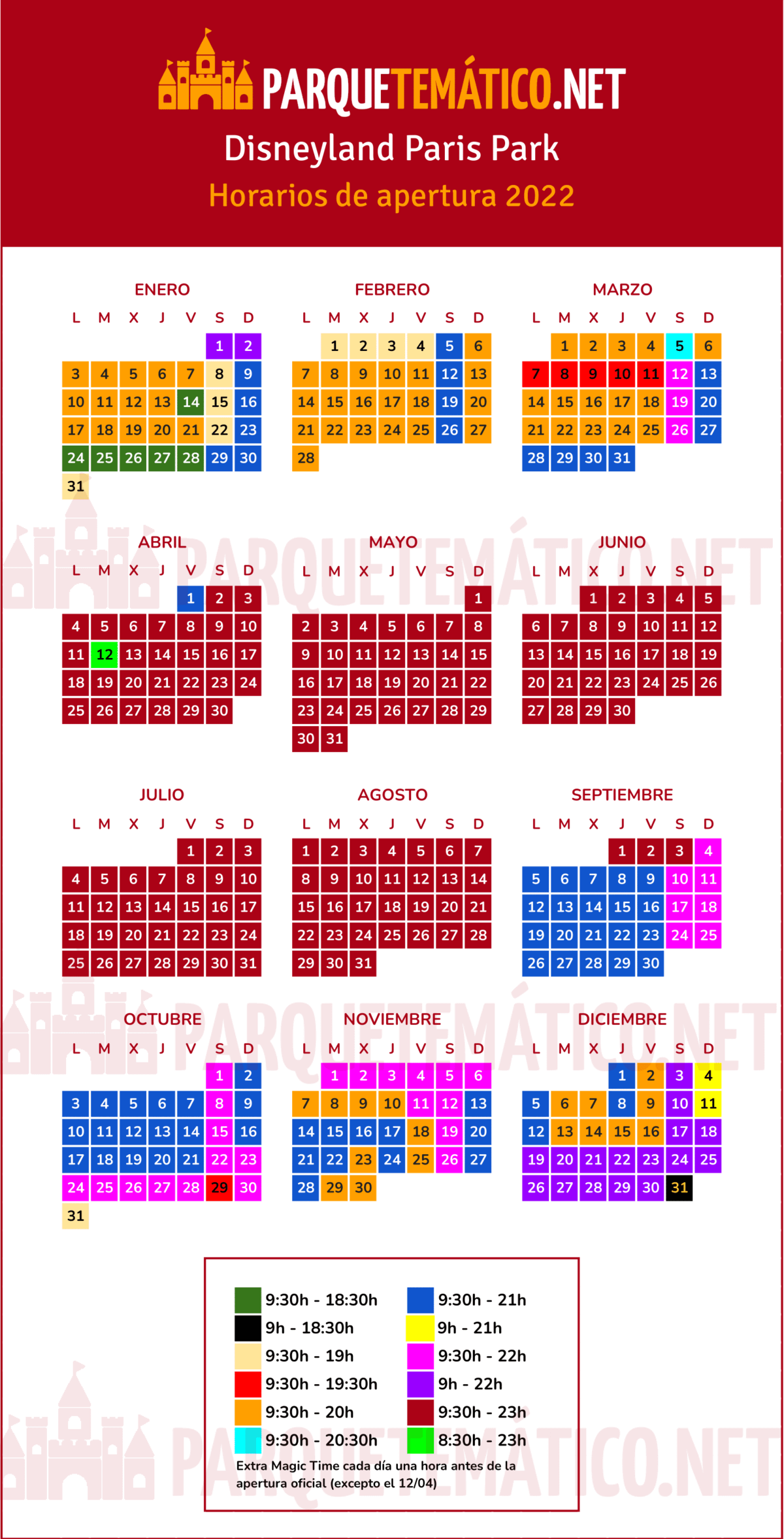 Calendario y horarios de Disneyland Paris Park 2022 Completo