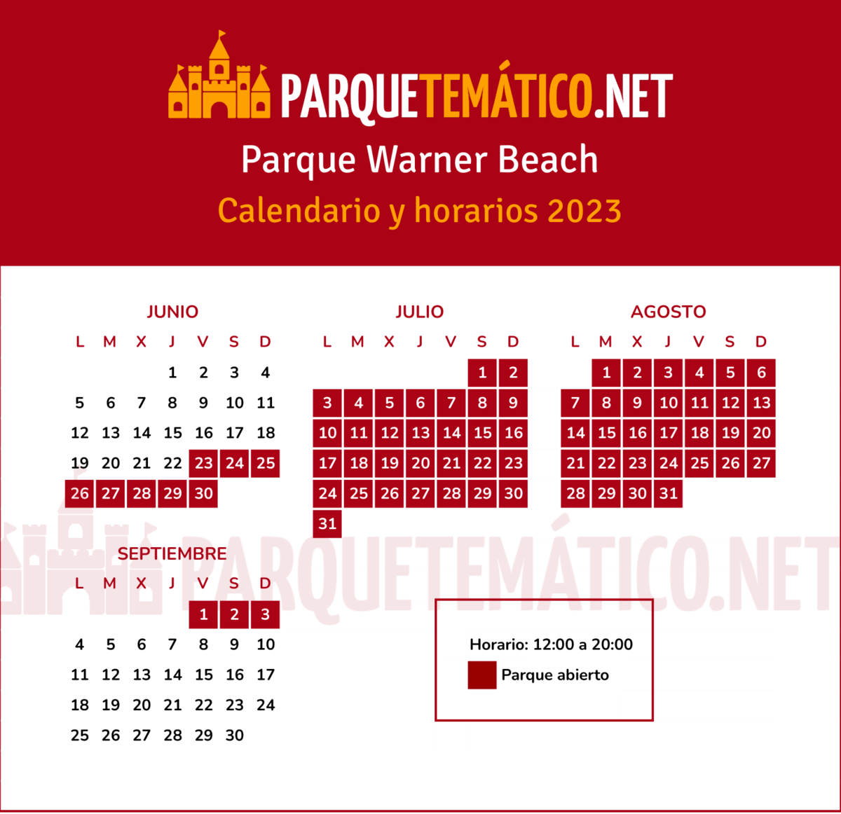 Calendario y Horarios Parque Warner Beach 2023