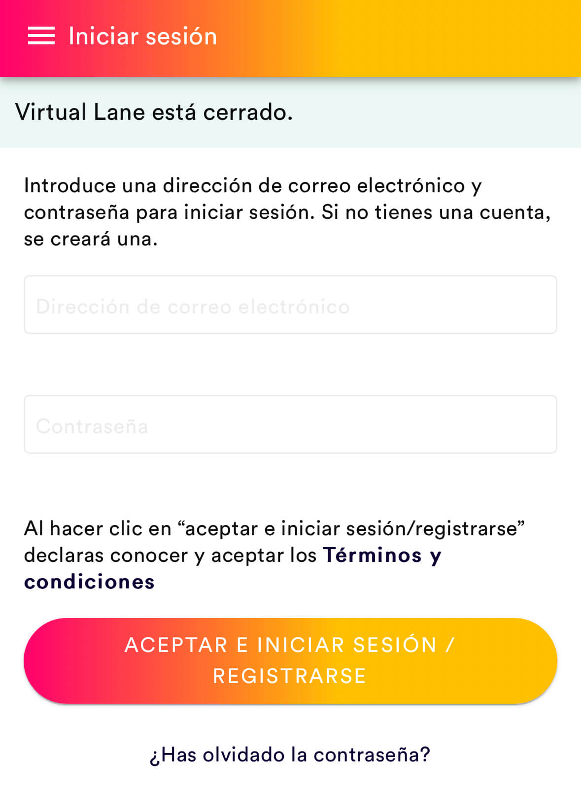 Virtual Lane PortAventura - Formulario login