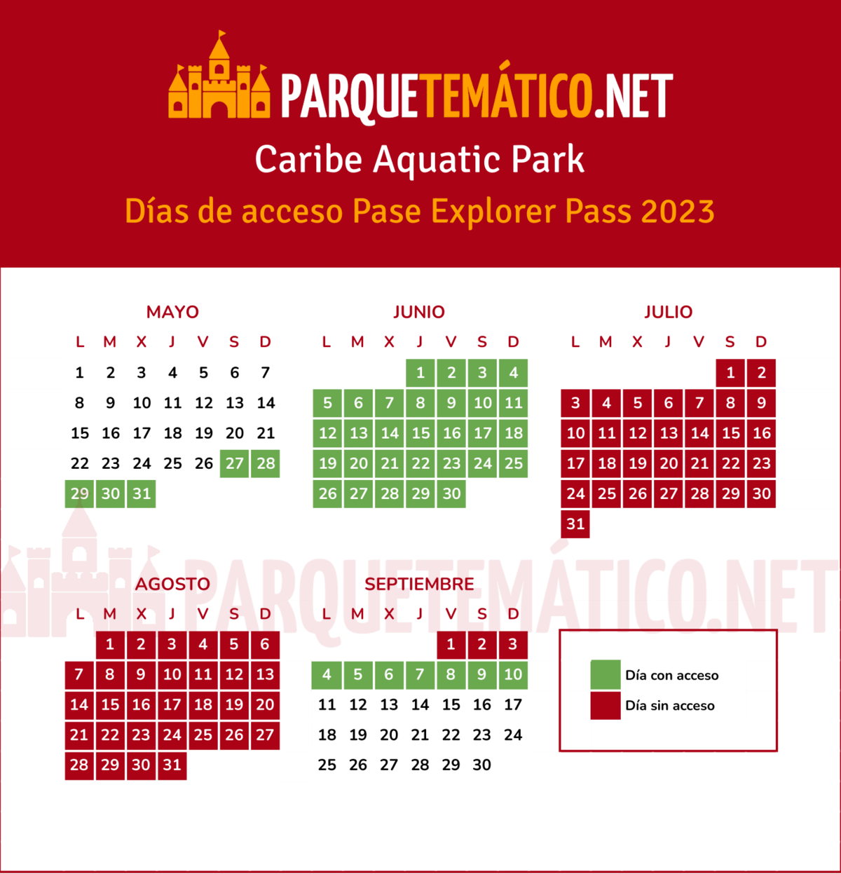 Calendario dias acceso Pase Anual Explorer PortAventura Caribe Aquatic Park 2023