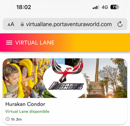 Cola virtual activa por la tarde en Hurakan Condor de PortAventura