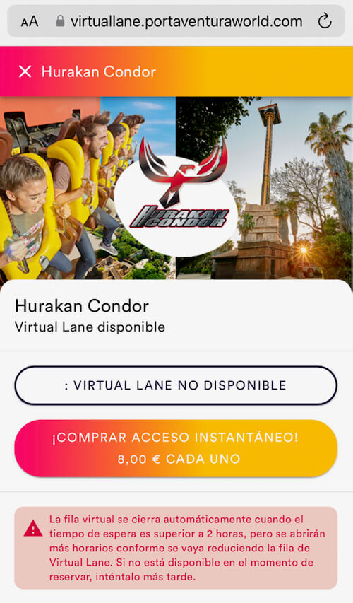 Cola virtual no disponible con explicación de cuándo se desactiva PortAventura