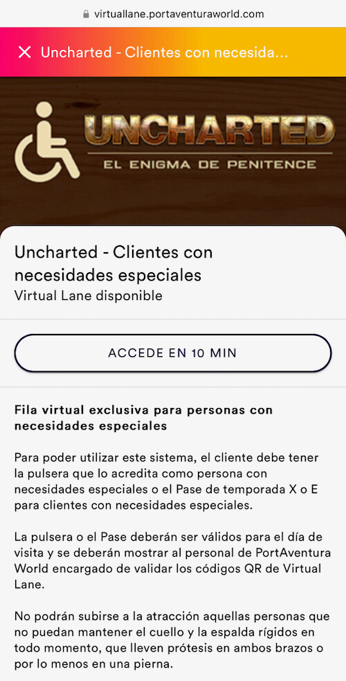 Cola virtual para personas con necesidades especiales de Uncharted en PortAventura