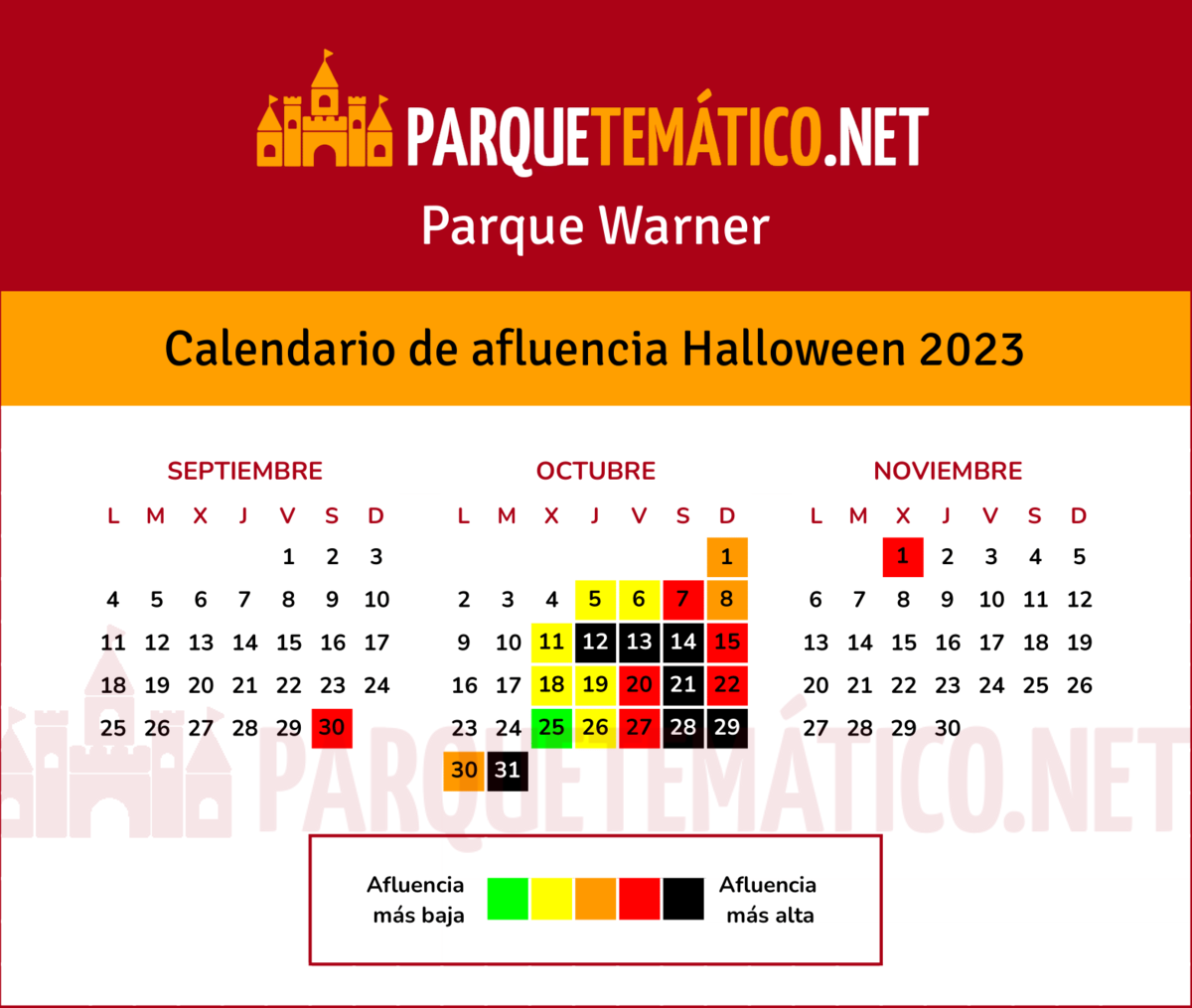Calendario de afluencia de Halloween 2023 en Parque Warner