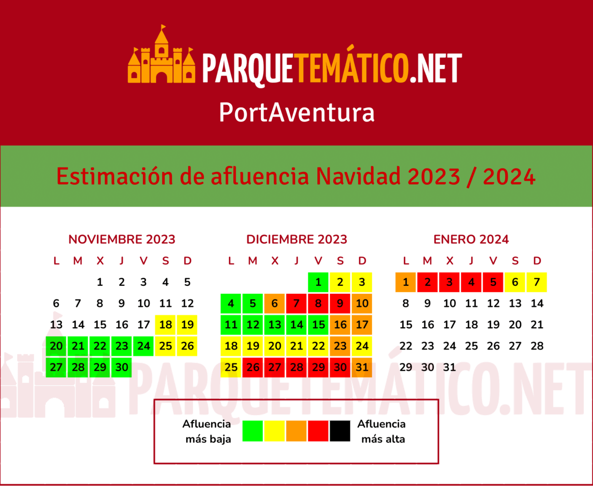 Calendario de afluencia de Navidad 2023 2024 en PortAventura