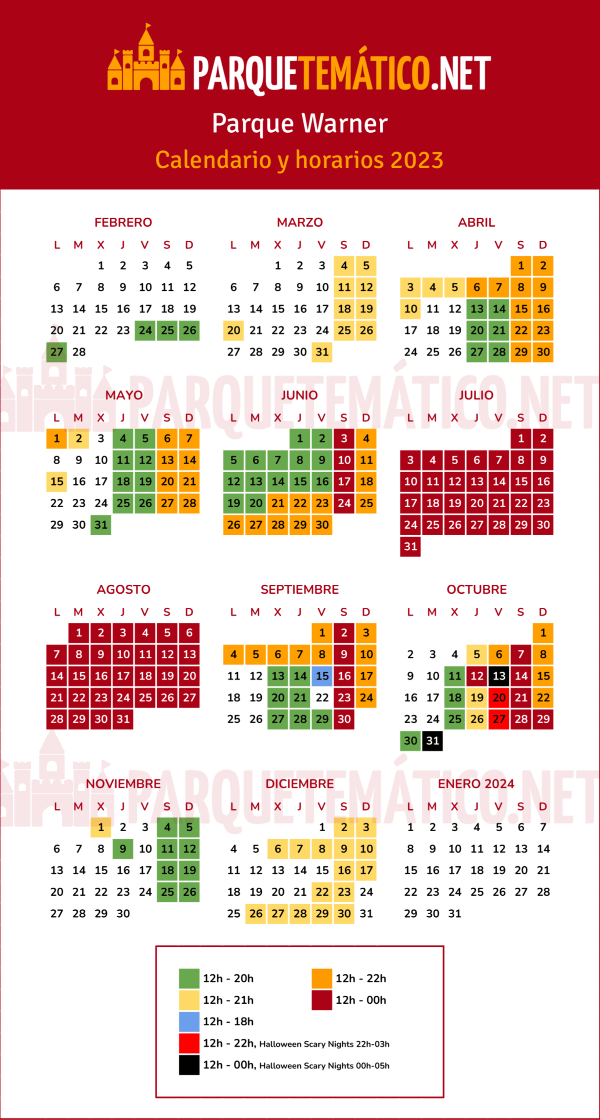 Calendario y Horarios Parque Warner 2023