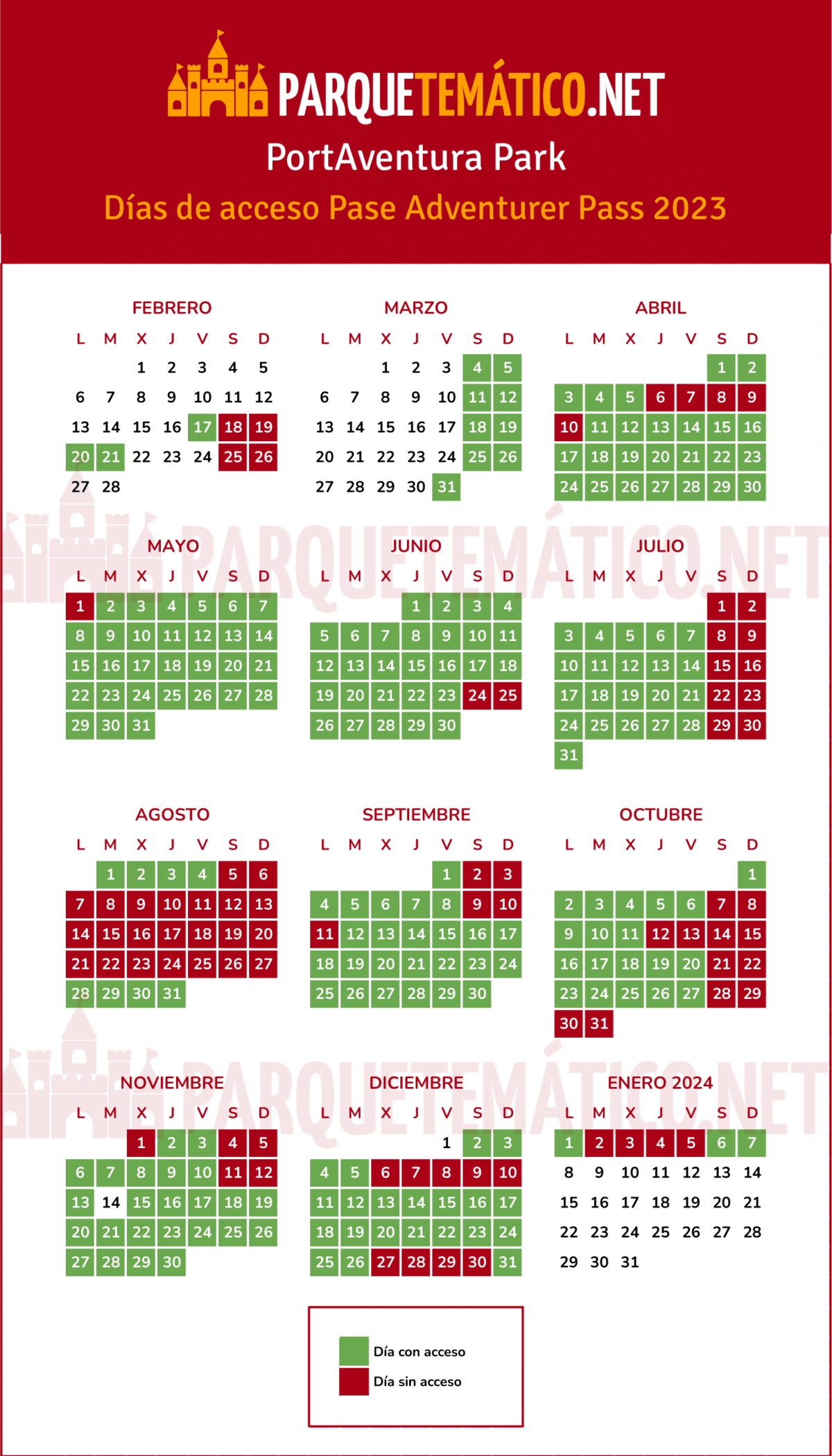 Calendario dias acceso Pase Anual Adventurer PortAventura Park 2023