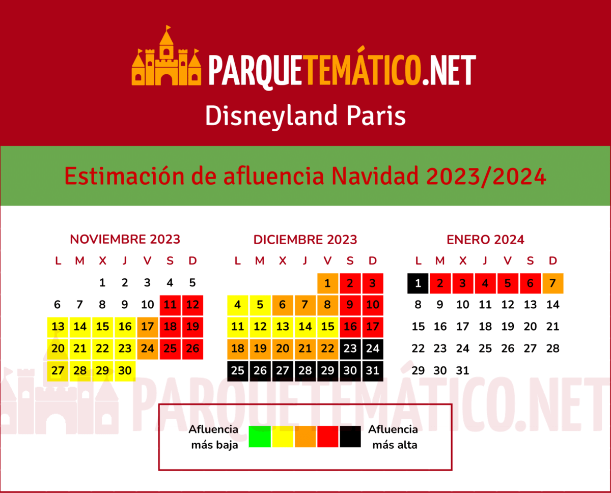 Calendario de estimación de afluencia Disneyland Paris navidad 2023