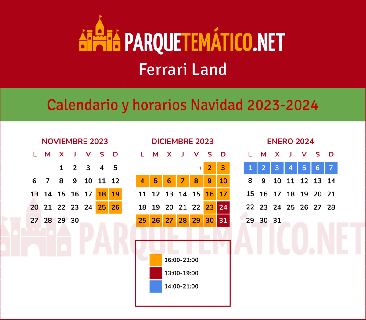Calendario y Horarios Navidad Ferrari Land 2023 2024