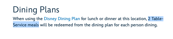 Vista de cuántos créditos de comida se necesitan para un restaurante en la web de Walt Disney World